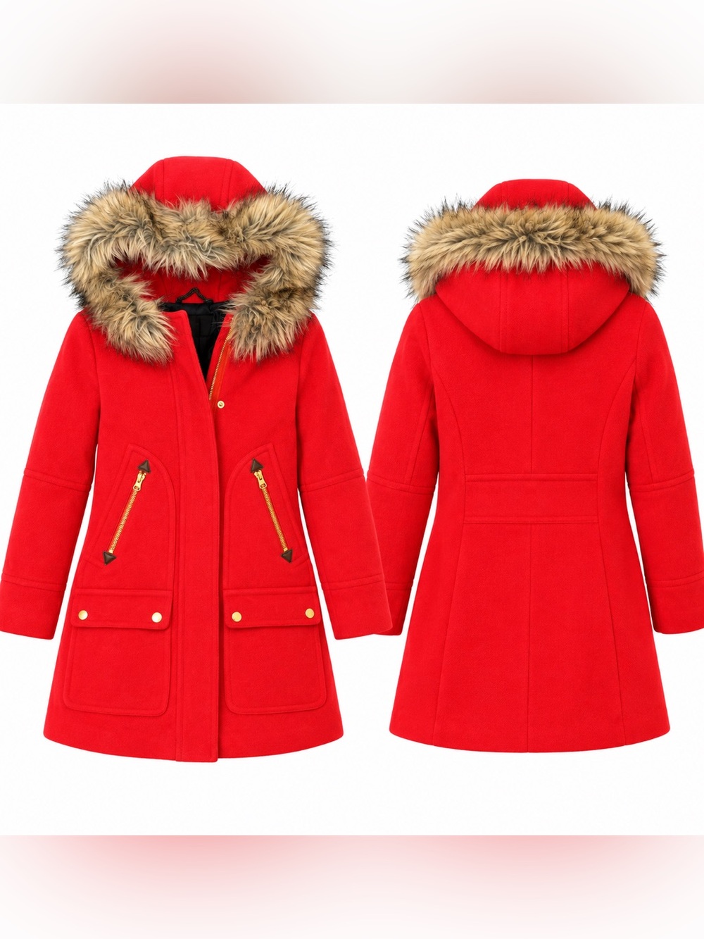 J. Crew Red Hooded Pea Coat with Faux-Fur Trim